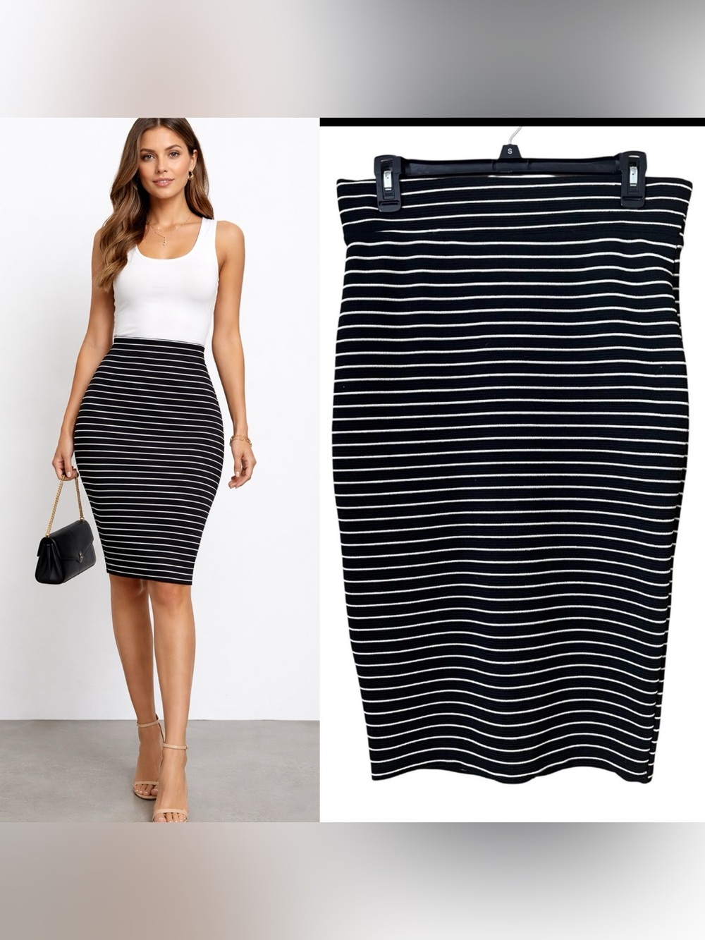 Fig & Blu‎ 90's Y2K Striped Black White Ribbed Knit Stretch Pencil Skirt Small